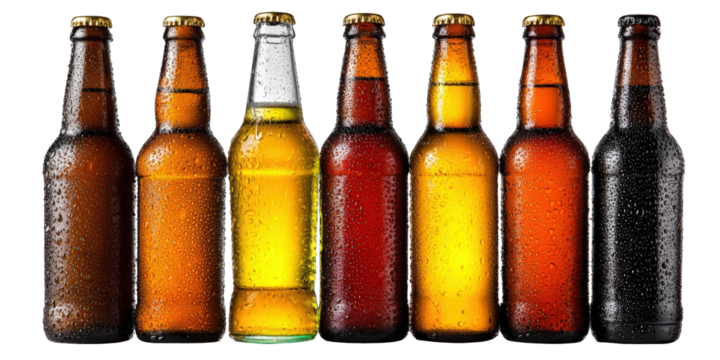 Collection of assorted beer bottles with condensation on a various types of beer bottles with water droplets up bar pub ale ipa gold dark food cool life on transparent background
