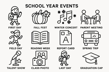 Fototapeta premium School year events icons: celebrations, meetings, and activities for students