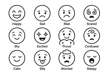 Set of cartoon emoji faces displaying various emotional expressions on brown background