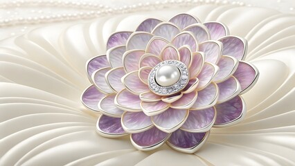 Close up of a floral brooch with pearl and diamonds on a white silky fabric background