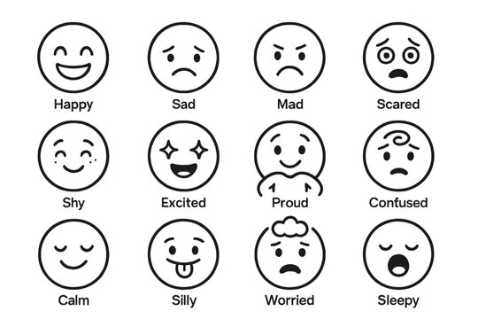 Set of cartoon emoji faces displaying various emotional expressions on brown background