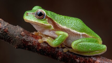 Obraz premium Detailed close-up of vibrant green tree frog perched gracefully on a branch
