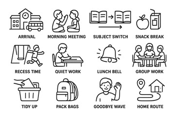 School day routine icons: arrival, meeting, study, snack, recess, work, goodbye