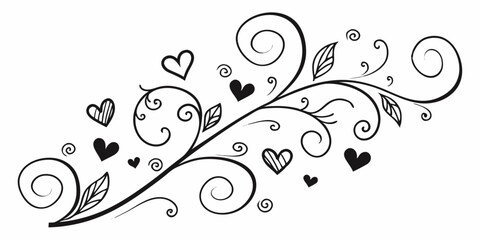 Elegant floral branch with hearts and swirls in black and white design illustration art work, vector art