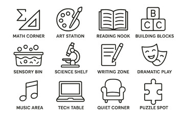 Educational icons for classroom stations including art, reading, and science activities