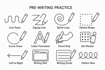 Comprehensive pre-writing practice guide with various tracing and handwriting techniques
