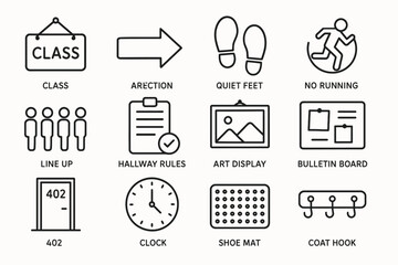 School icons set: class sign, directions, quiet feet, prohibited running, line up, hallway rules