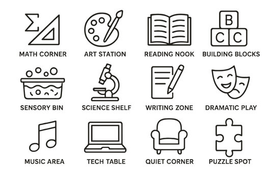 Educational icons for classroom stations including art, reading, and science activities