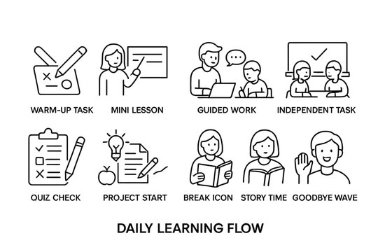 Daily learning flow icons: education activities for classroom engagement