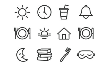 Monochrome outline icons: sun, clock, drink, meal, books, toothbrush, sleep mask