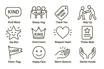 Illustrated symbols of kindness and appreciation on wooden background
