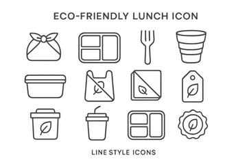 Eco-friendly lunch icons: sustainable food packaging and utensils