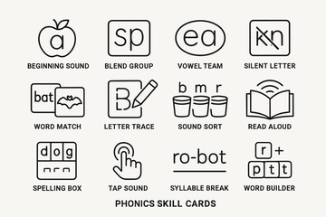 Phonics skill cards for literacy: beginning sounds, blends, and vowels