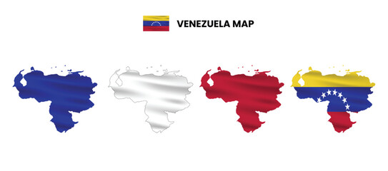 Venezuela map in various style frames, icons, black color, borders, flag colors. Vector illustration
