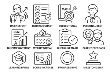 Educational achievement icons in gray background depicting goals and rewards