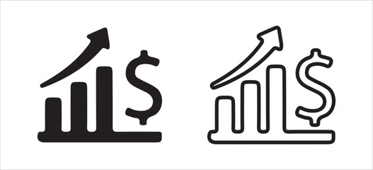 Business Growth Icon with Dollar Sign and Arrow - Solid and Outline Versions. Victor illustration eps 10