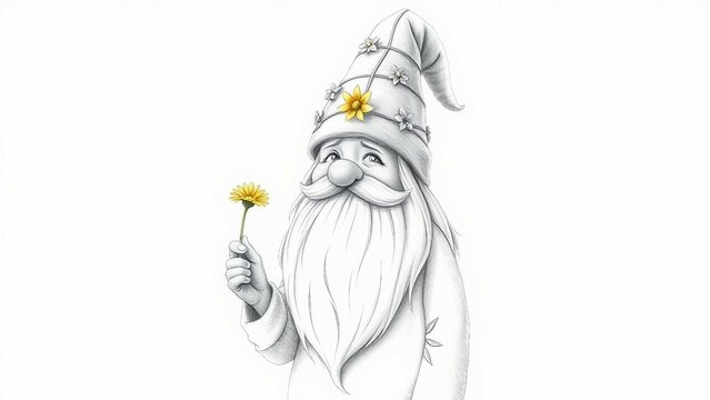 S&uuml;&szlig;er Gnom mit langer wei&szlig;er M&uuml;tze und Blume in der Hand &ndash; fr&ouml;hliche Illustration mit skandinavischem Flair auf wei&szlig;em Hintergrund.