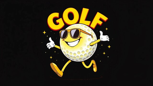 Fr&ouml;hliche Cartoon-Illustration: Laufender Golfball mit Sonnenbrille, Comicstil, Schriftzug &bdquo;GOLF&ldquo;, schwarzer Hintergrund &ndash; retro und witzig.