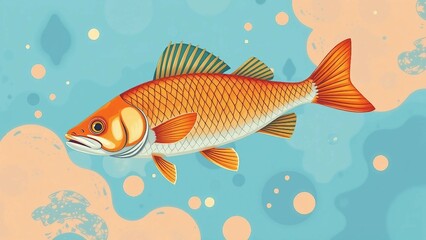 Fototapeta premium Bunte Fisch-Illustration im Flat-Design-Stil auf abstraktem, blauen Hintergrund – moderne, verspielte Darstellung für Poster oder Kinderdesigns.