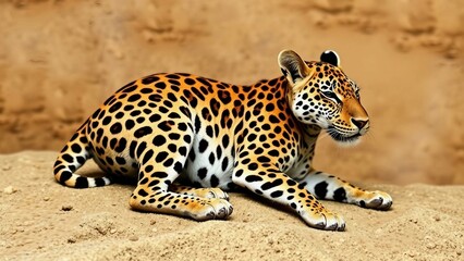 Fototapeta premium Detailreiche Nahaufnahme eines liegenden Leoparden auf sandigem Untergrund. Realistische Tierdarstellung mit kräftigem Fellmuster und natürlichem Licht.