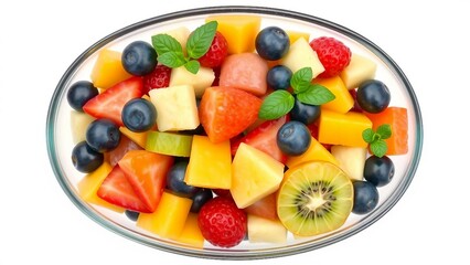 Bunter Obstsalat mit Erdbeeren, Kiwi, Blaubeeren, Melone und Minze in einer Glasschale, von oben fotografiert, isoliert auf wei&szlig;em Hintergrund.