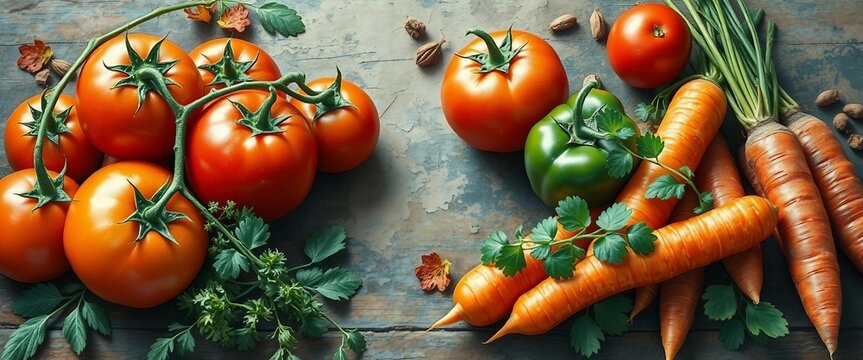 Frisches Gem&uuml;se &ndash; Tomaten, Karotten, Paprika und Kr&auml;uter &ndash; auf einem rustikalen Holztisch, detailreich und im nat&uuml;rlichen Look.