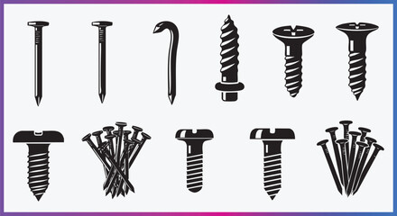 Screws Nails and Fasteners Icon Set Construction Hardware Silhouette Vectors
