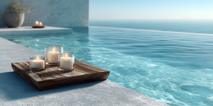 Serene spa scene shows three lit candles in glass holders on a wooden tray at the edge of a calm pool, bathed in soft, natural daylight for a clean look.
