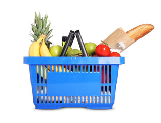 Shopping basket with different food products isolated on white