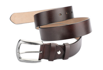 One brown leather belt isolated on white