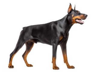 Full-length photo of a Doberman breed dog isolated on a white background