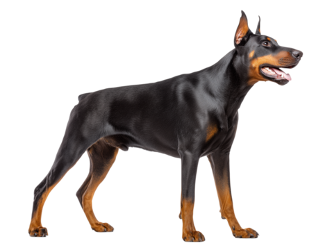 Full-length photo of a Doberman breed dog isolated on a white background