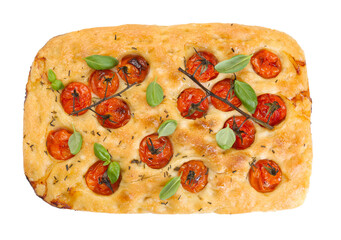 Delicious focaccia with tomatoes and spices isolated on white, top view