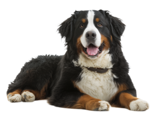 Photo of dog breed Bernese sennenhund sitting, isolated on white background
