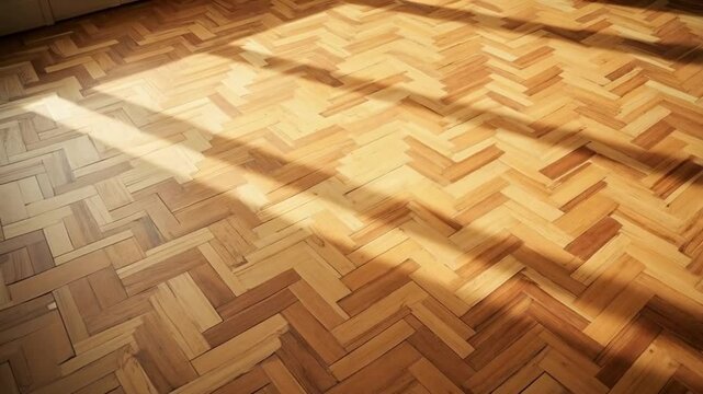 View of a herringbone pattern wood floor with sunlight streaming across the surface in a room background texture video