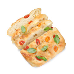 Cut delicious focaccia with tomatoes and basil isolated on white, top view