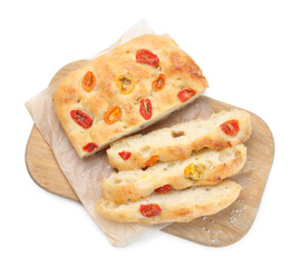 Pieces of delicious focaccia with tomatoes isolated on white, top view