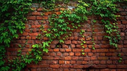 A rustic red brick wall with climbing green ivy creates a charming blend of architecture and nature.

