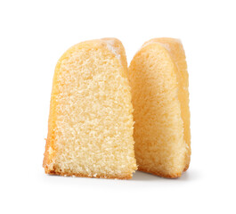 Pieces of tasty bundt cake isolated on white
