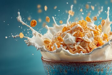 Milk Splashing in Bowl of Cereal on Blue Background 