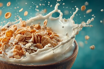 Milk Splashing in Bowl of Cereal on Blue Background 
