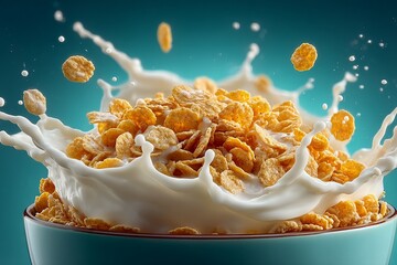 Milk Splashing in Bowl of Cereal on Blue Background 
