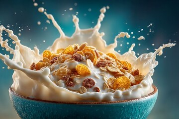 Milk Splashing in Bowl of Cereal on Blue Background 