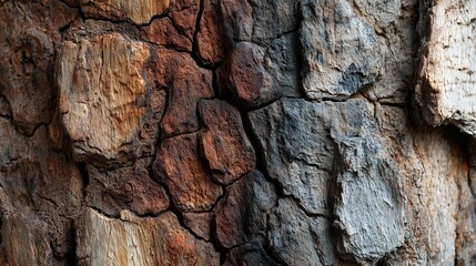 Close-up of rugged tree bark reveals natural textures in earthy brown and grey tones