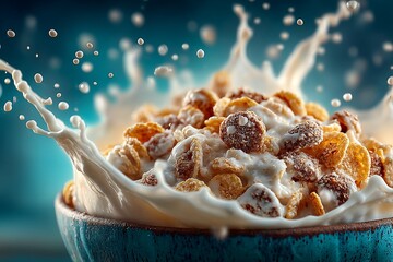 Milk Splashing in Bowl of Cereal on Blue Background