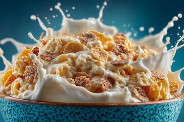 Milk Splashing in Bowl of Cereal on Blue Background 