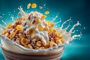 Milk Splashing in Bowl of Cereal on Blue Background