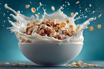 Milk Splashing in Bowl of Cereal on Blue Background 