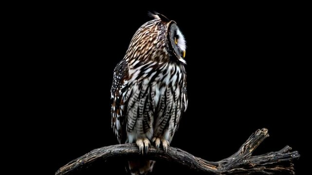 A magnificent spotted eagle-owl perched majestically on a dark, gnarled branch against a stark black background