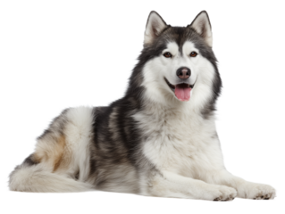 Photo of husky breed dog sitting, isolated on white background